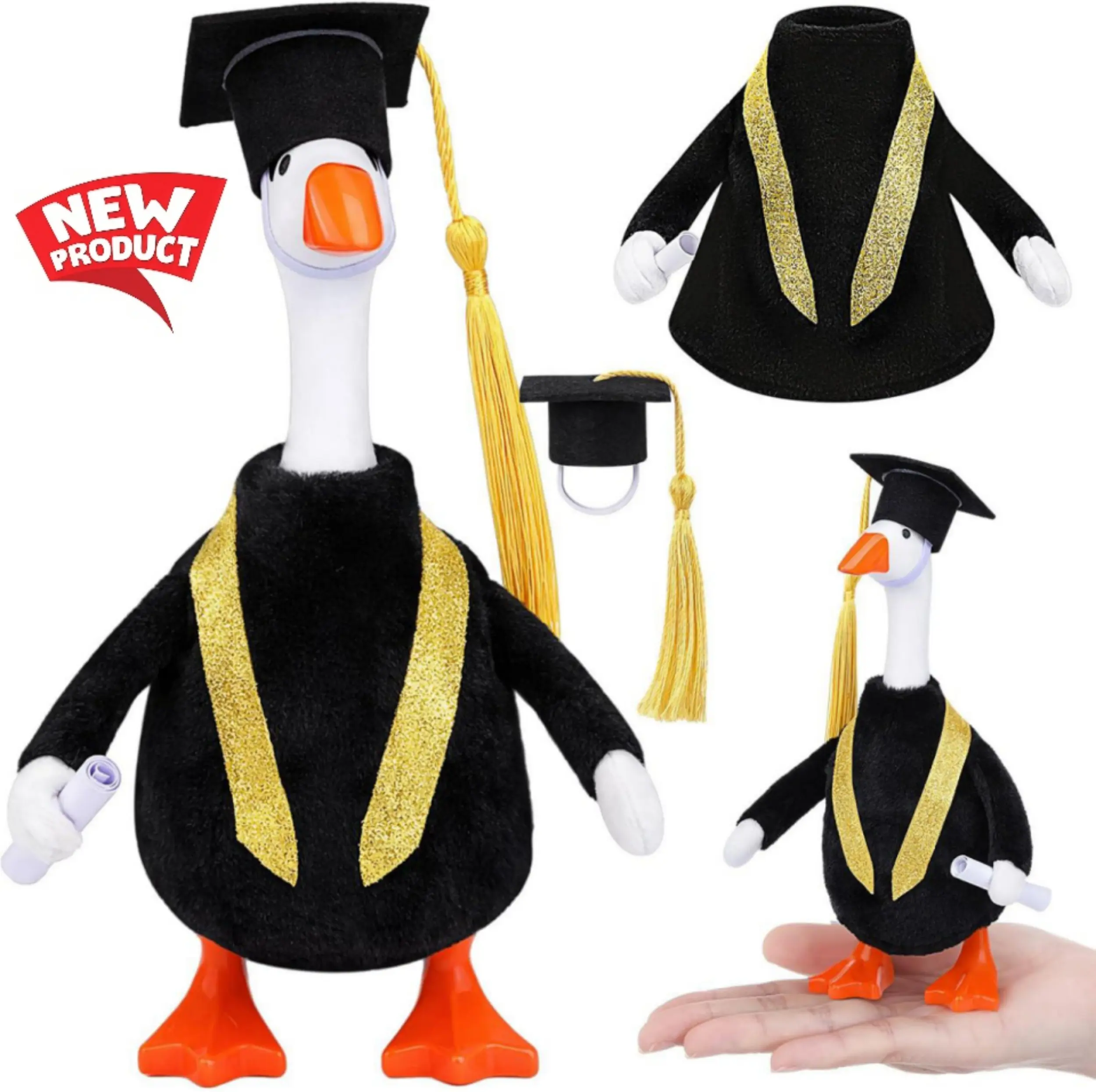 7" Desk Goose Graduation Costume - Black Cap & Gown with Gold Trim | Mini Magnetic Goose Statue Outfit for Graduation Decor (No Goose)