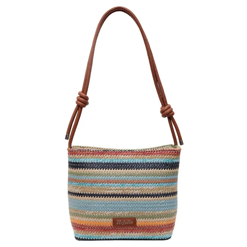 Women's Boho Straw Bucket Bag - Rainbow Striped Woven Adjustable Urban Simple Casual Messenger Bag for Commuting, Beach Vacation