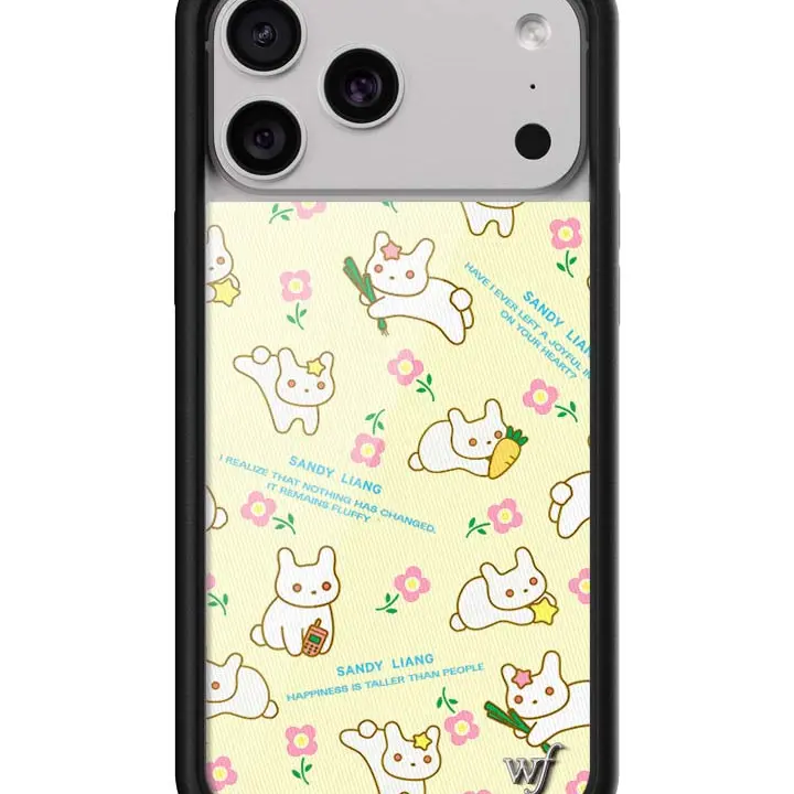 Sandy Liang Limited Edition Trendy Collab Durable Smartphone Case - Custom Casing Cover, Raised Shockproof Black Rubber Bumper, Pastel Yellow Background with White Bunny-Carrots-Pink Flowers, Women's Owned Small Business Gift