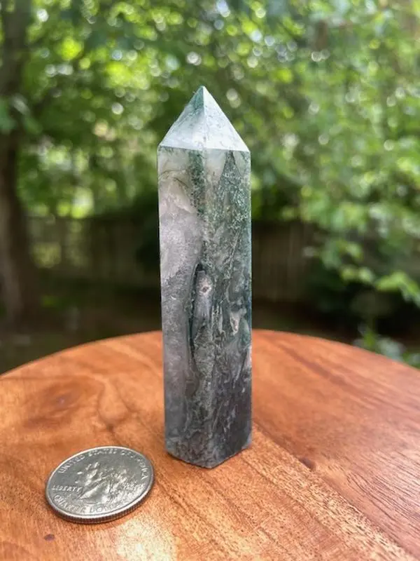Moss Agate Tower - 3 1/2 Inches Tall with Green Inclusions, Light Color Quartz & Sparkly Druzy Pockets