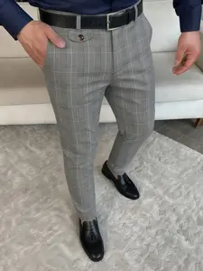 Elegant Men's Fashion Suit Pants, Business Casual Long Pants, Stretch Breathable Comfort, Houndstooth Pattern, Fake Pocket Design