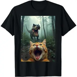 Cat Selfie and Tyrannosaurus Rex Dinosaur T-shirt, Adult Humor T-shirt, Gift for Him, Boyfriend T-shirt, Men's Patterned Top