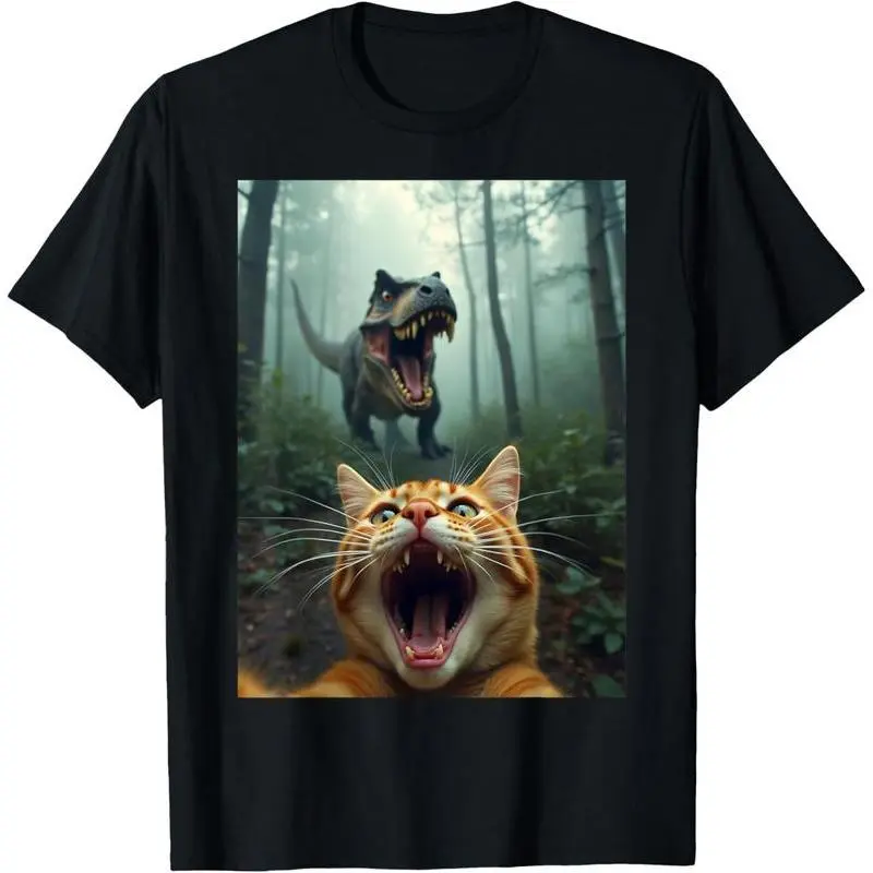 Cat Selfie and Tyrannosaurus Rex Dinosaur T-shirt, Adult Humor T-shirt, Gift for Him, Boyfriend T-shirt, Men's Patterned Top,graphic,funny,father