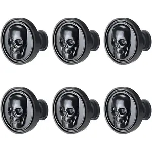 Vintage Skull Knob, 6 pcs Single Hole Cabinets Pulls for Drawer, Wardrobes, Bookcases, Dresser, Closets (Black)