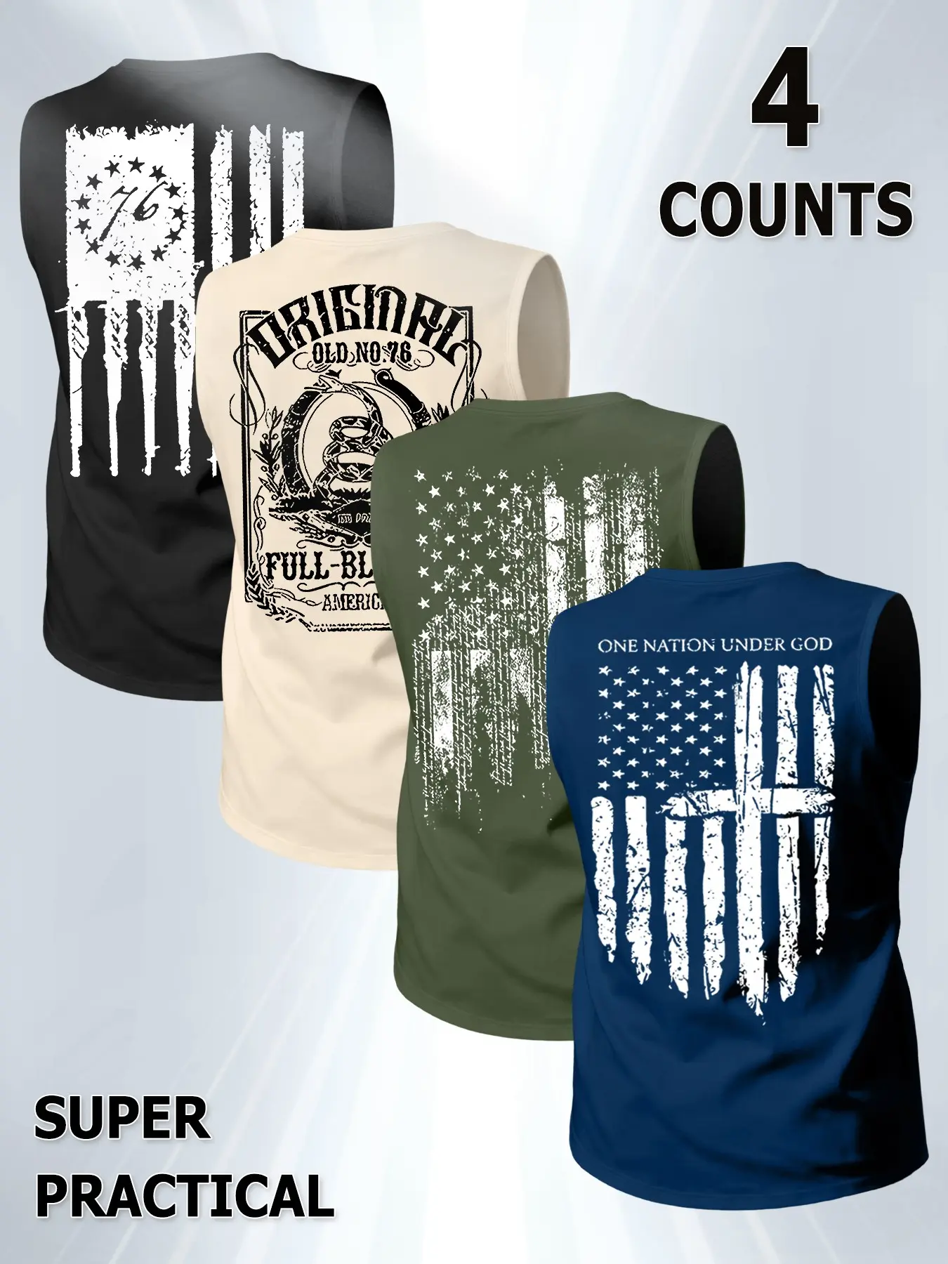 4-Pack American Vintage Sleeveless Sporty Design Athletic Fitness Sports Tank Tops, '1776' Flag & Rattlesnake Print, Religious Cross Fitness Tees, Streetwear for Daily Wear, Sleeveless Gymclothing