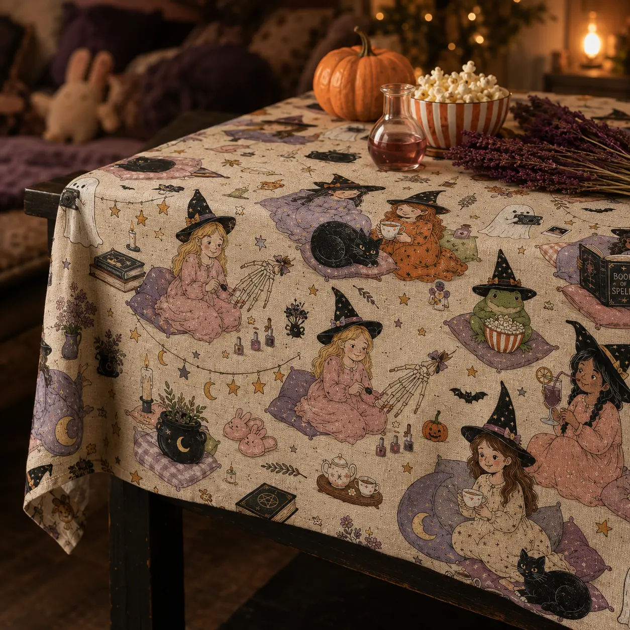 Halloween Witch Tablecloth, Vintage Black Cat, Ghost & Pumpkin Print, 100% Polyester Rectangle Table Cover for Kitchen, Dining Room, Party & Fall Decor