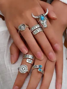 Boho Turquoise Ring Set, Vintage Punk Style Rings, Bull Head Flower Cowboy Hat Design, Silver Color Jewelry for Women & Men, Statement Rings