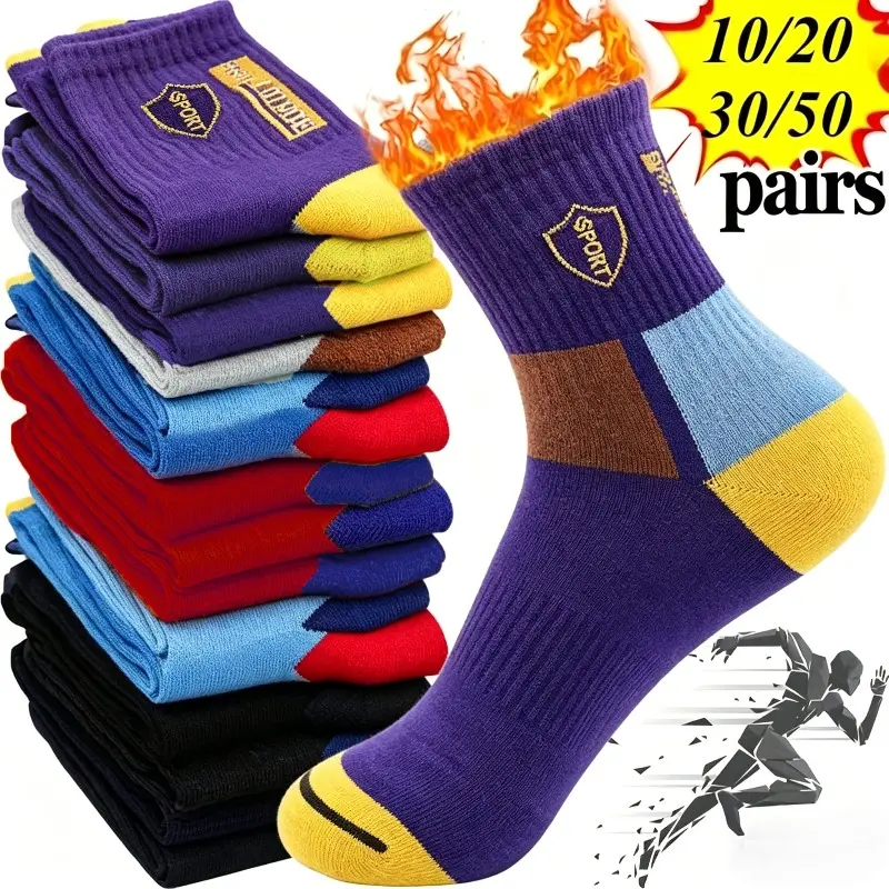 10/20/30/50 Pairs Men's Color Blocked Batch Mid Calf Sports Socks, Breathable and Soft Running Socks, Multi Pack Casual Sports Socks, Suitable for Daily Wear, Gym, Hiking, Etc
