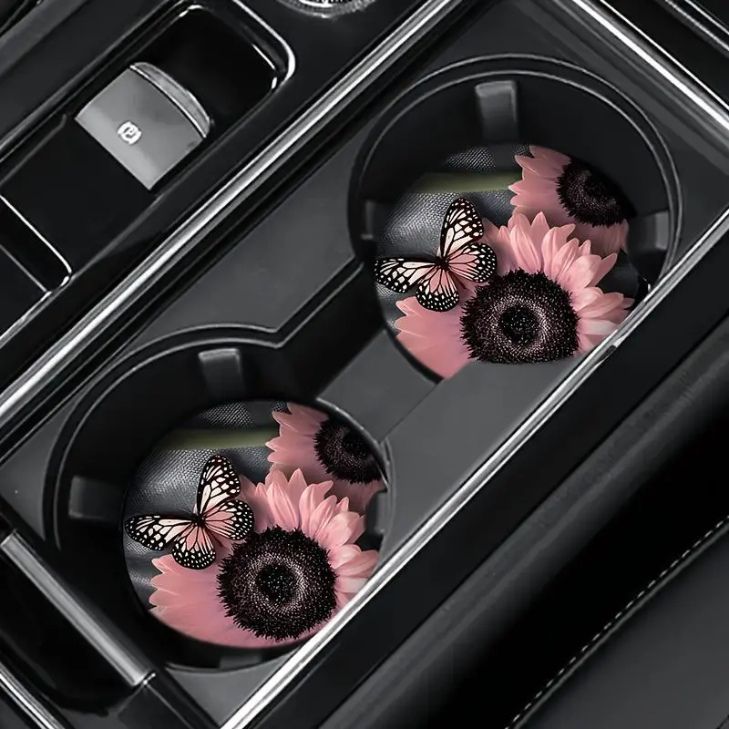 Sunflower Pattern Car Coaster, Car Accessories, Car Interior Accessory, Car Decor for Girls, Round Anti-slip Car Cup Holder Coaster, Car Gadgets, Heat Resistant Car Cup Holder Pad, Car Interior Decor Accessories, Car Interior Decoration
