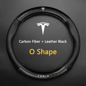 D Type/o Type Leather Car Steering Wheel Cover, Anti Slip, Compatible with Tesla Model 3, S, X, Y, Roadster, Spacex