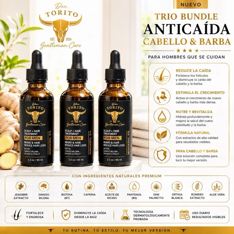 Don Torito Hair Regrowth Trio Bundle for Men - Anticaída Cabello & Barba - Reduces Hair Loss & Stimulates Growth - Natural Ingredients