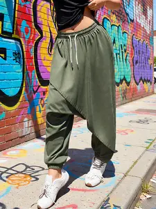 K1439 Women's Retro Hip Hop Drop Crotch Harem Pants, Comfortable Baggy Style with Pockets and Cuffs for Spring & Summer Fashion