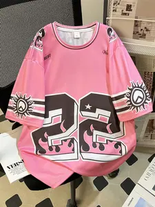 Breathable Mesh Tee, Bold '22' Pattern, Accents & Star Design, All-Season Casual Long Sleeve, Home & Outdoor Wear