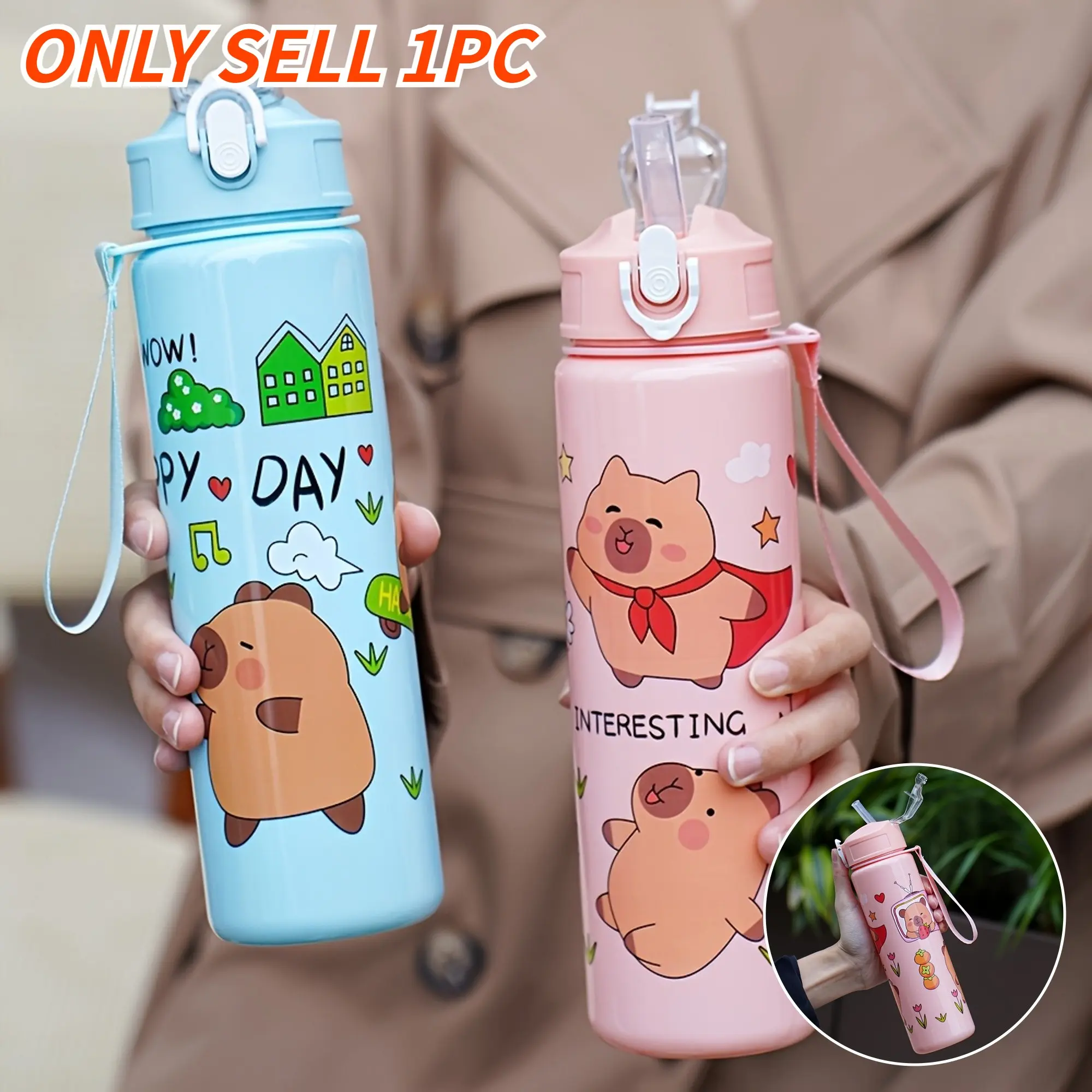 Cute Kawaii Capybara Theme Water Bottle, 700ML Plastic Sports Straw Bottle, Outdoor Camping Picnic School Festival Gift