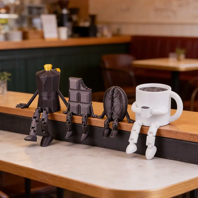4 Piece 3D Printed Coffee Companion Set, Cute Coffee Cup Bean Chocolate Decor, Perfect for Living Room Bedroom Office Desk Decoration, Kawaii Desktop Decoration, Desk Ornament