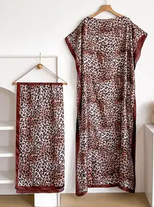Elegant Chic Boho Style Leopard Print Shawl Dress Set, Multi-Color Long Robe with Headscarf, Beach Sun Protection Satin Scarf for Women