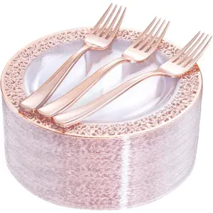 72 Pcs Rose Gold Dessert Plates 7.5" & 72 Pcs Disposable Forks 7.4", Lace Design Plastic Salad Plate, Plastic Appetizer Plate for all Holidays Perfect for Party & Wedding
