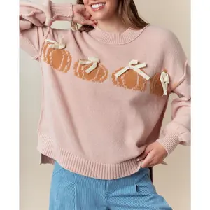 NewWomen Halloween Sweater, Long Sleeve Crew Neck Bow Pumpkin Pullover Warm Sweater for Fall Winter Can be used with a raincoat