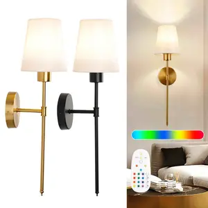 Battery Operated Wall Sconce Set of 2, Gold Rechargeable Wireless Wall Lights with Remote - 5000mAh Dimmable RGB Bulbs | 15 Color, Cordless Wall Lamps for Bedroom, Living Room, Hallway Decor