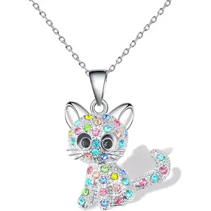 Silver Cat Necklaces for Girls and Women Kitty Dog Birthstone Pendant Necklaces Jewelry Gifts for Women Cat Lovers