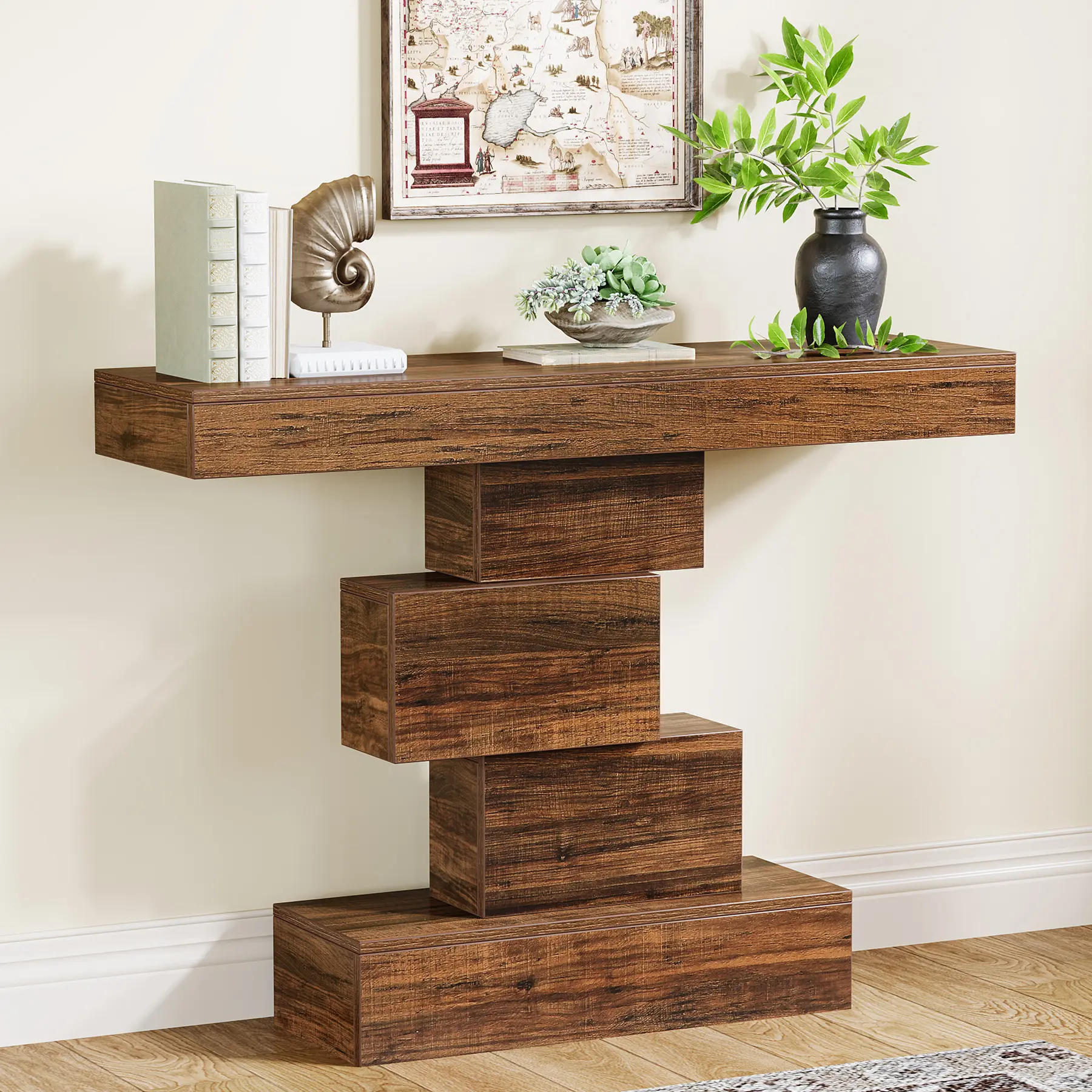 Tribesigns Farmhouse Console Table, 42.5-Inch Narrow Wood Sofa Table Behind Couch with Geometric Base, Industrial Entryway Accent Table for Living Room, Hallway, Entrance, Rustic Brown