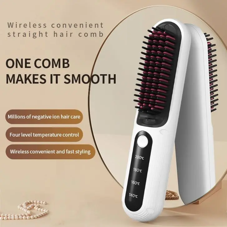 Cordless Hair Straightener Brush, Wireless Heated Styling Tool with 4 Temperature Settings, Type-C Rechargeable Portable Hair Comb for Women's Travel Beauty Needs