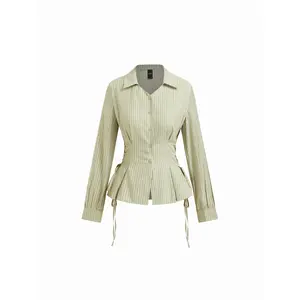 Cider Cotton-blend Striped Collar Long Sleeve Lace Up Cinched Waist Shirt
