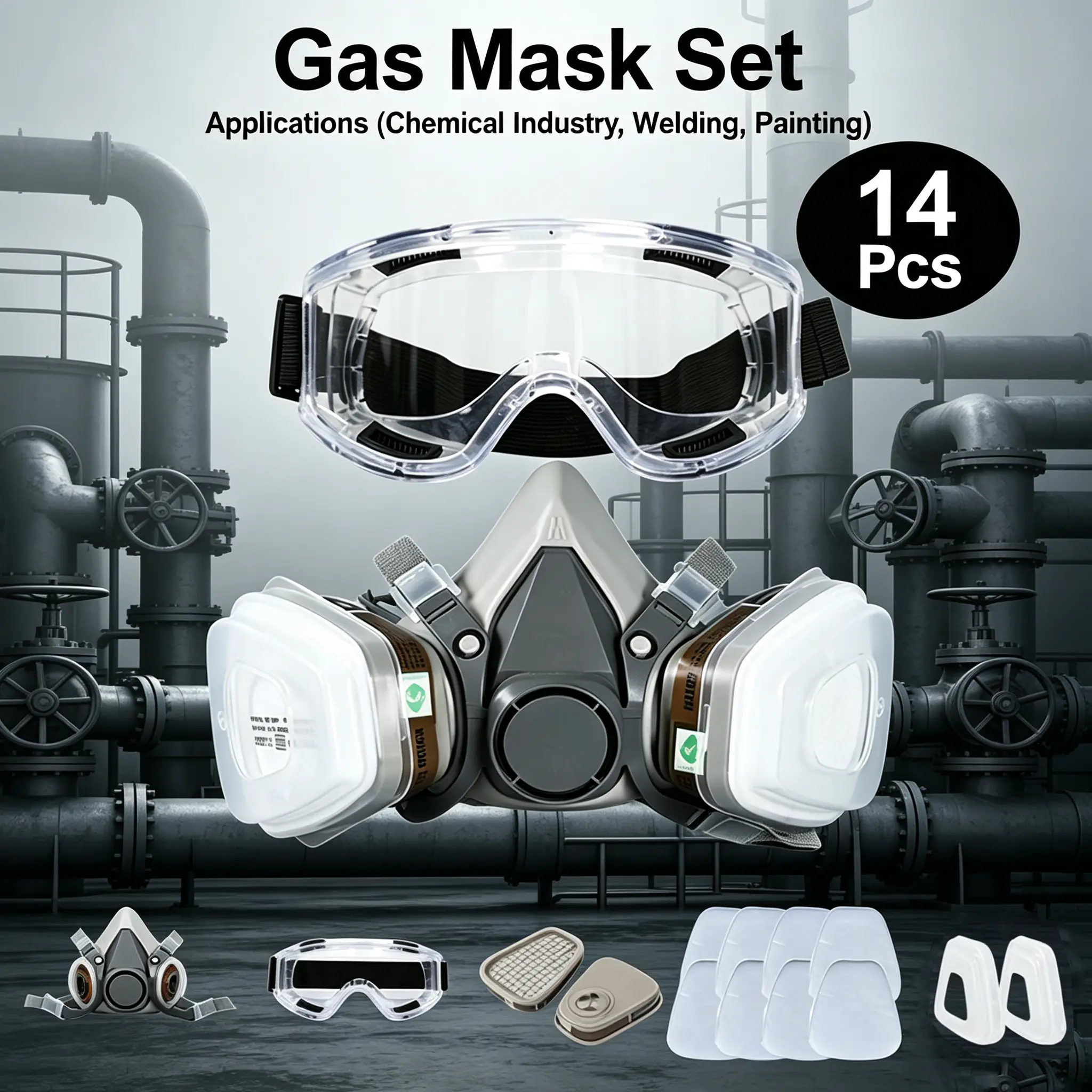 Half-Face Reusable Filter Respirator Mask with Strap - Comfortable, Easy to Clean, Keeps Fumes Out for Painting, Woodworking - 14PCS Welding Helmet Set
