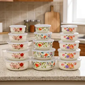 Mini Enamel Storage Bowl Floral Bird Pattern Cake Box Nestable for Easy Stacking Portable Multifunctional Bowl for Picnics Camping Mixing Fruit Reusable Kitchen Utensil Set