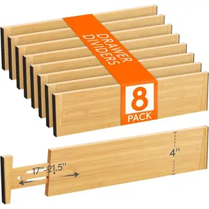 4" High 8 Pack Bamboo Drawer Dividers 43-54cm/17-21.5" Adjustable Wooden Drawer Organizer for Clothes/Utensils, Expandable Drawer Separator for Dresser/Kitchen/Bedroom/Office Organization