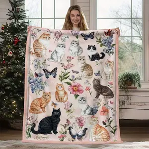 Cute Cat Floral Fleece Throw Blanket Light Pink Soft Fluffy Versatile Use Sofa Bed Dorm Office Cozy Comfort Machine Washable Easy Care All Season Warmth Perfect Gift Idea She Will Love