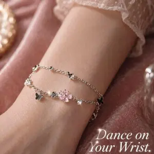 Double Layer Pink Crystal Flower & Butterfly Stackable Bracelet, Silver Tone Adjustable Dainty Floral Wrist Chain, Romantic Aesthetic Sparkling Jewelry Gift For Women Teen Girls
