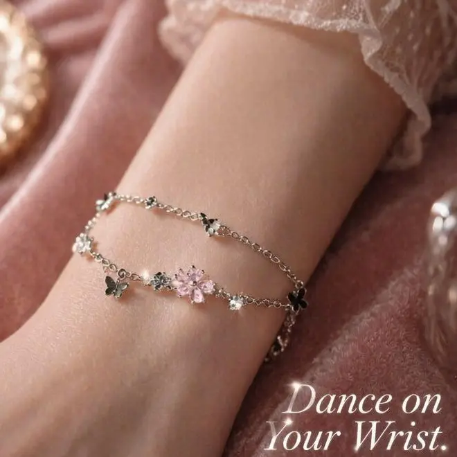 Silver Tone Crystal Flower Butterfly Bracelet for Women, Everyday Jewelry Gift