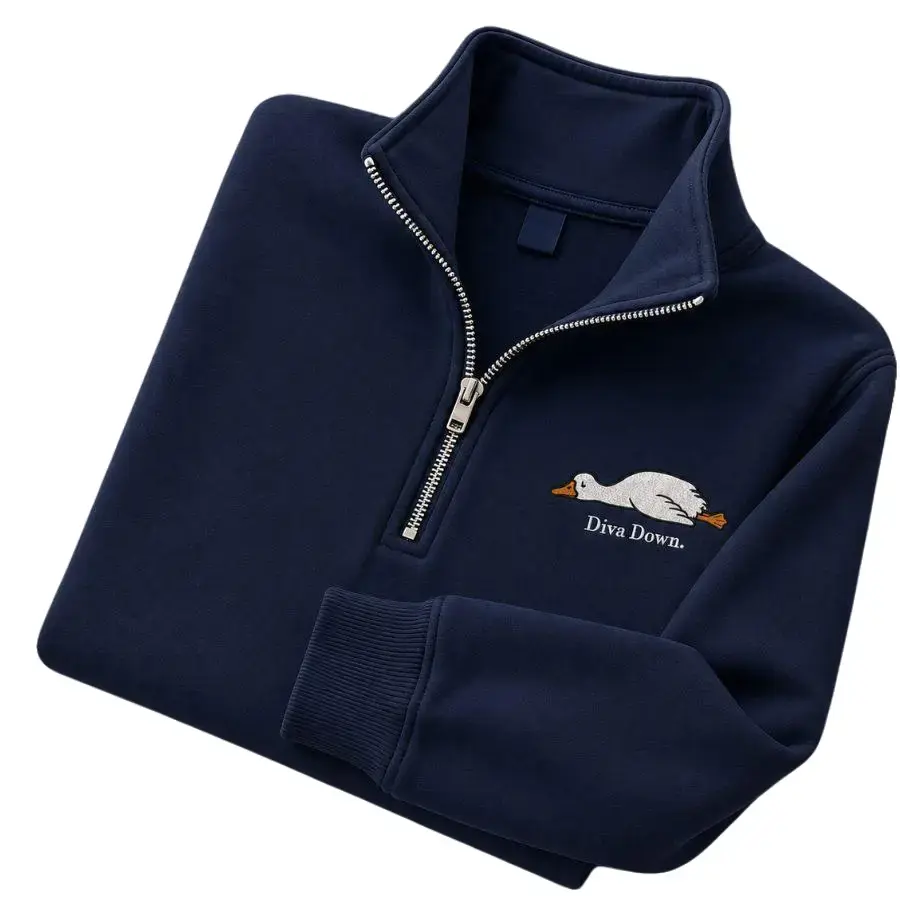 Diva Down Embroidered Quarter Zip Pullover, Funny Duck Graphic Sweatshirt, Cozy Fleece Long Sleeve Top, Casual Outdoor & Everyday Wear for Women & Men