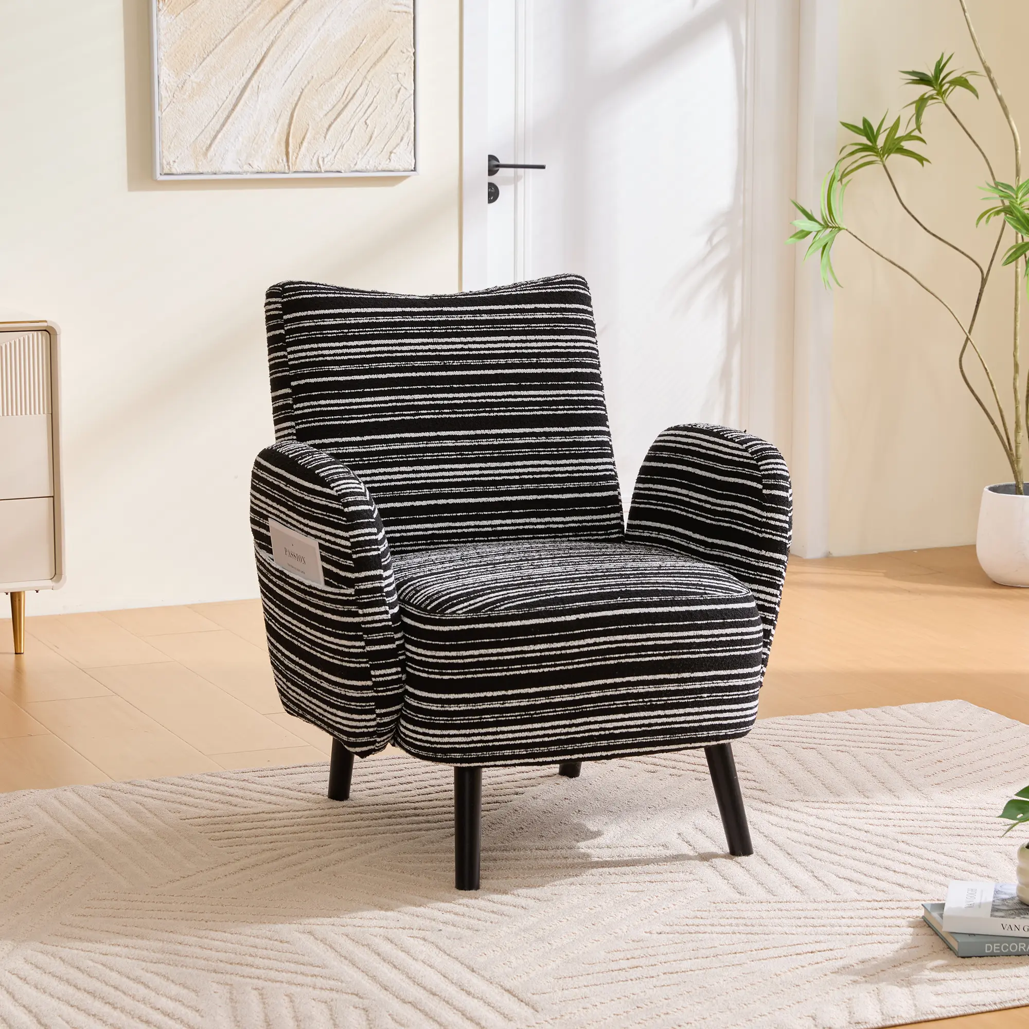 Modern Style Fixed Back Armchair with Sanded Fabric, Side Storage Pocket, Solid Wood Legs – Comfortable Reading Chair for Living Room, Bedroom