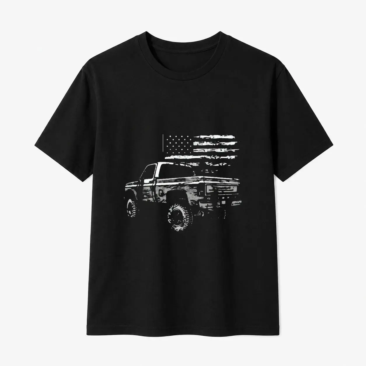 100% Cotton Men's Vintage Men's Pickup Truck T Shirt Featuring Classic American Flag Design