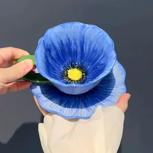 Elegant Coffee Cup Set for Women, Unique Design Ceramic Espresso Cups & Saucers, Perfect Gift for Afternoon Tea ☕ 🥐 🍰Underglaze Latte Mug Gift