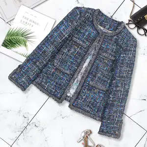 New Women's Top, Fairy Blue Small Fragrant Wind Round Neck Design, Long Sleeve Coat