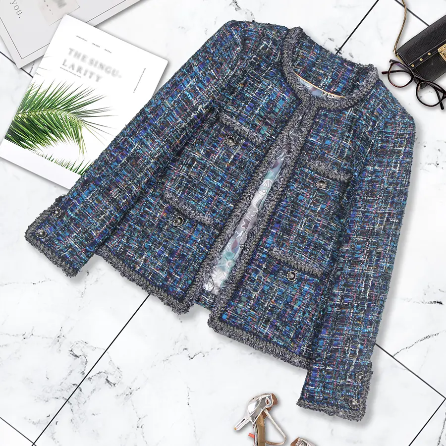 DS Women's Lady's Unique Design Long-Sleeve Fairy Blue Tweed Top Coat - Fitted, Round Neck, Button-Closure, Fragrance-Infused, Elevated Casual 1-Piece Clothes, Easy Layer Under Jackets or Cardigans, Autumn-Winter Fashion Apparel, Layering Wear, One Piece