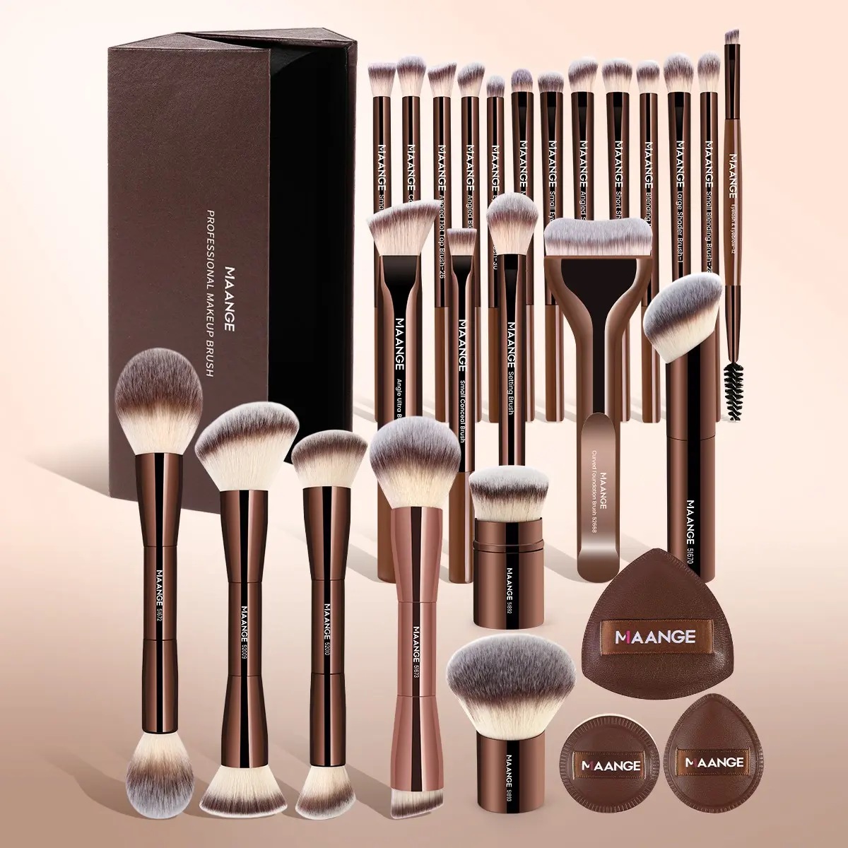 Maange 28-Piece Makeup Tool Set, Cosmetics Makeup Tools, 24 Professional Brushes + 3 Powder Puffs + 1 Storage Box, Ideal for Home, Travel, Gift for Women