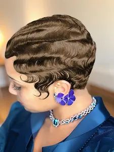Short Finger Wave Wig Human Hair Wig For Women 99J Burgundy Brown Short Ocean Wave Wig Pixie Cut Wigs for Woman
