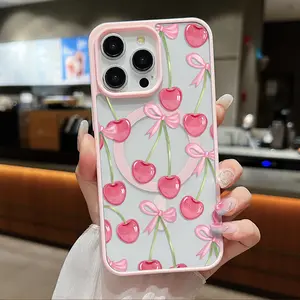 Cherry Bow Pattern Clear Magnetic Phone Case , Compatible with MagSafe Silicone Bumper Protective Cover For iPhone X 11 12 13 14 15 16 17 Pro Max Plus