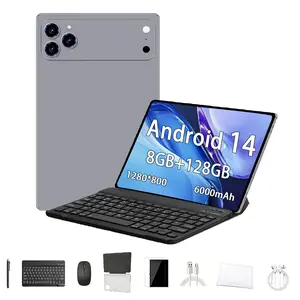 Android tablet 2-in-1, 10.1-inch display, Android 14 operating system, 128 GB storage, 8 GB RAM, includes keyboard, protective case, mouse, and stylus pen, 6000 mAh battery, front and rear cameras, supports Wi‑Fi, 1280×800 IPS high-definition display