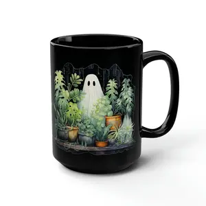 Potted Plants and Ghost Black Mug, Available in 11oz and 15oz Sizes, Gift for Plant Lovers, Spooky Halloween Vibes, Unique Design for Coffee or Tea, Great Gift for Halloween and Plant Enthusiasts