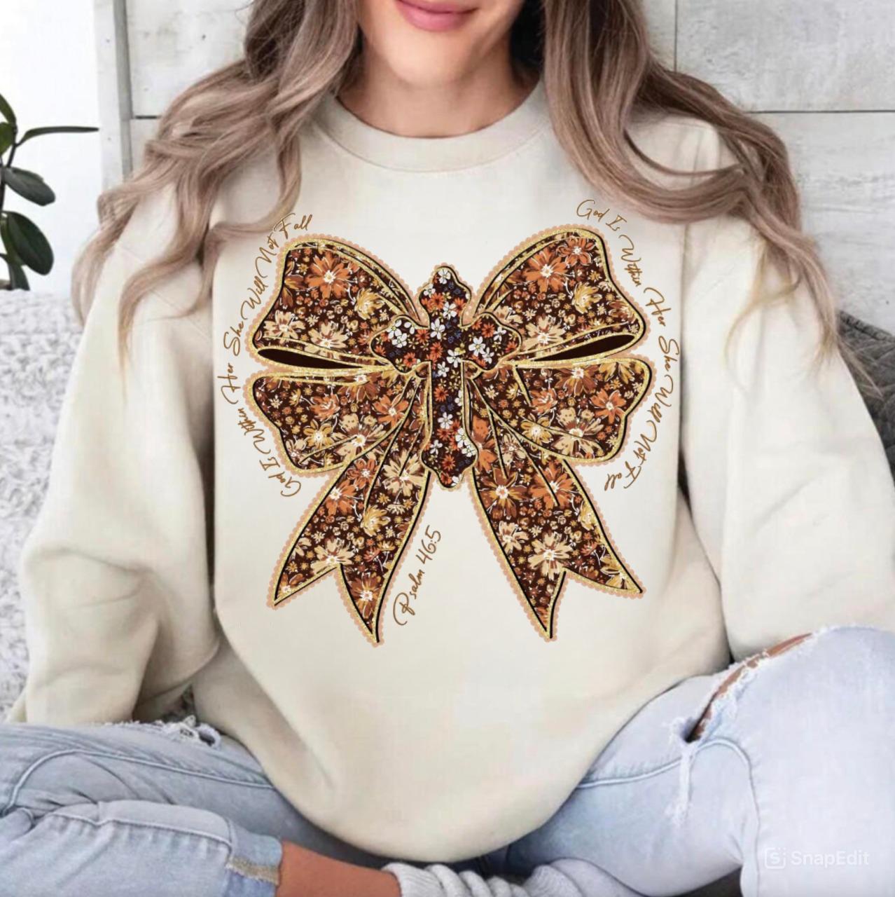 Jesus God Is Within Her Coquette Sweatshirt, She Will Not Fall T-Shirt, Coquette Christian Shirt, Bible Verse Shirt, Jesus Faith Hoodie, Thanksgiving Gifts, Unisex Casual Cotton Crewneck Printed Graphic Tee Streetwear, Gift For Men For Women