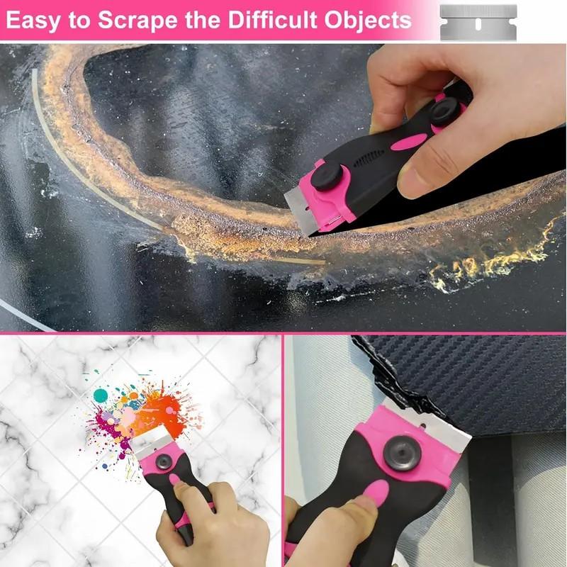 Pink Razor Blade Scraper Tool Set, 2-in-1 Glass Cooktop Scraper with 10 Plastic & 10 Metal Blades, Non-Scratch Sticker Paint & Caulk Remover for Windows, Oven Door, Ceramic Tile