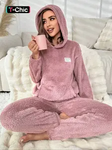 Women's Two-Piece Pajama Set with Hoodie and Pants, Comfortable Long Sleeve Top and Elastic Cuffed Leggings, Fall & Winter Sleepwear, Loungewear, Pjs