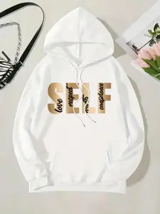 Women's Letter Print Drawstring Pocket Hoodie, Casual Drop Shoulder Long Sleeve Hooded Sweatshirt, Ladies Fall & Winter Clothes for Daily Wear
