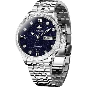 OUPINKE Automatic Watch for Men Fashion Starry Sky Luxury Dress Diamond Stainless Steel Self-Winding Luminous Waterproof Date Watch