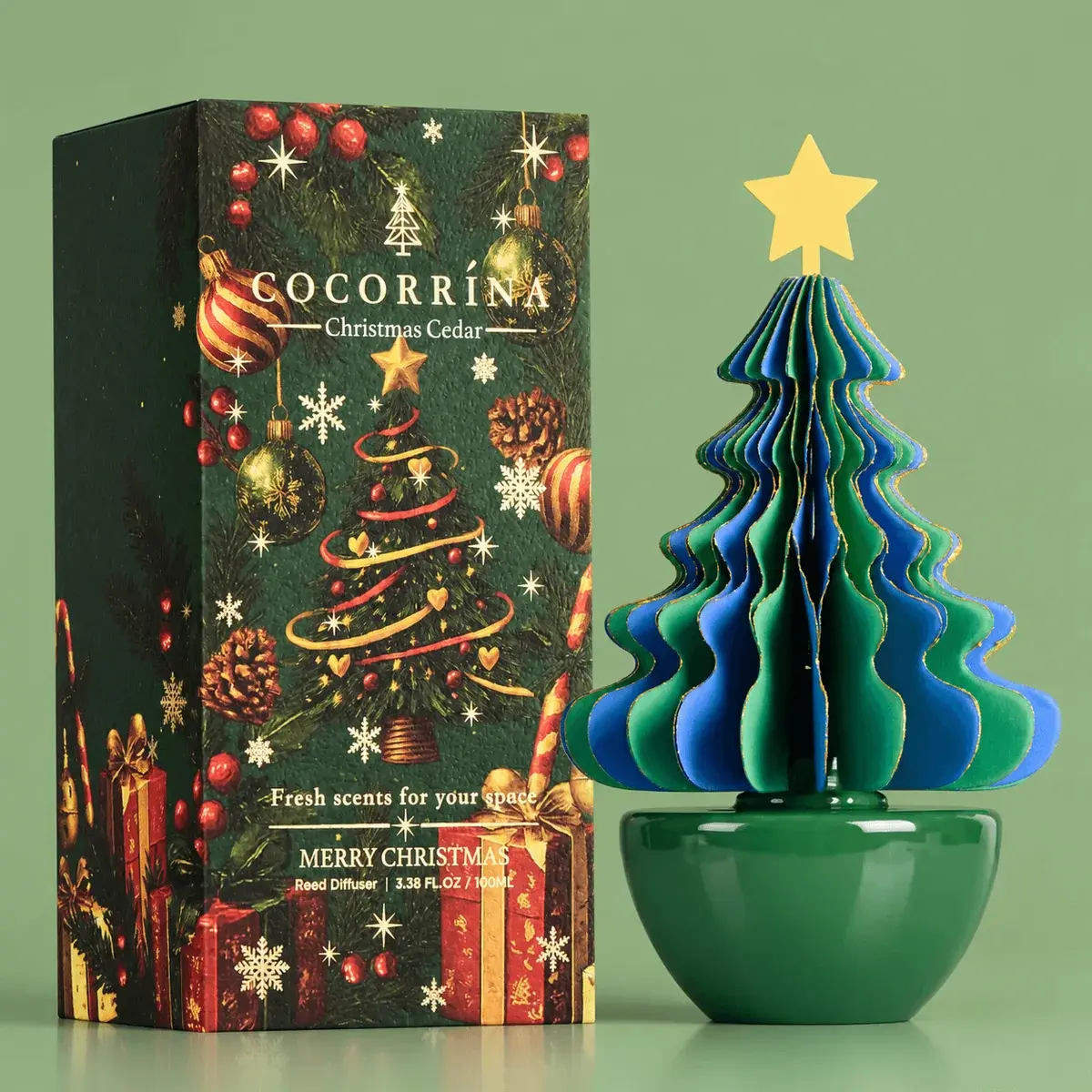 COCORRÍNA Honeycomb Paper Christmas Tree Diffuser - Christmas Cedar 3.38 fl oz Scented Diffuser with 3D Paper Christmas Tree for Home, Bedroom Bathroom Shelf Decor, Christmas Gift, Housewarming Gift